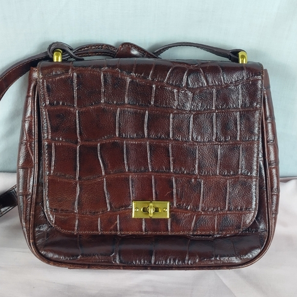Fossil Brown Leather Turn Lock Croc Embossed Crossbody Bag w/ Key - Picture 2 of 16